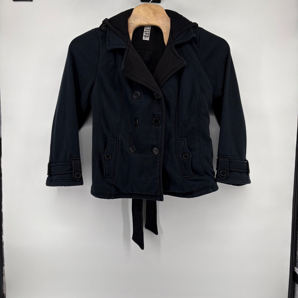 Details Intl Womens Black Hooded Double Breasted‎ Belted Jacket XL